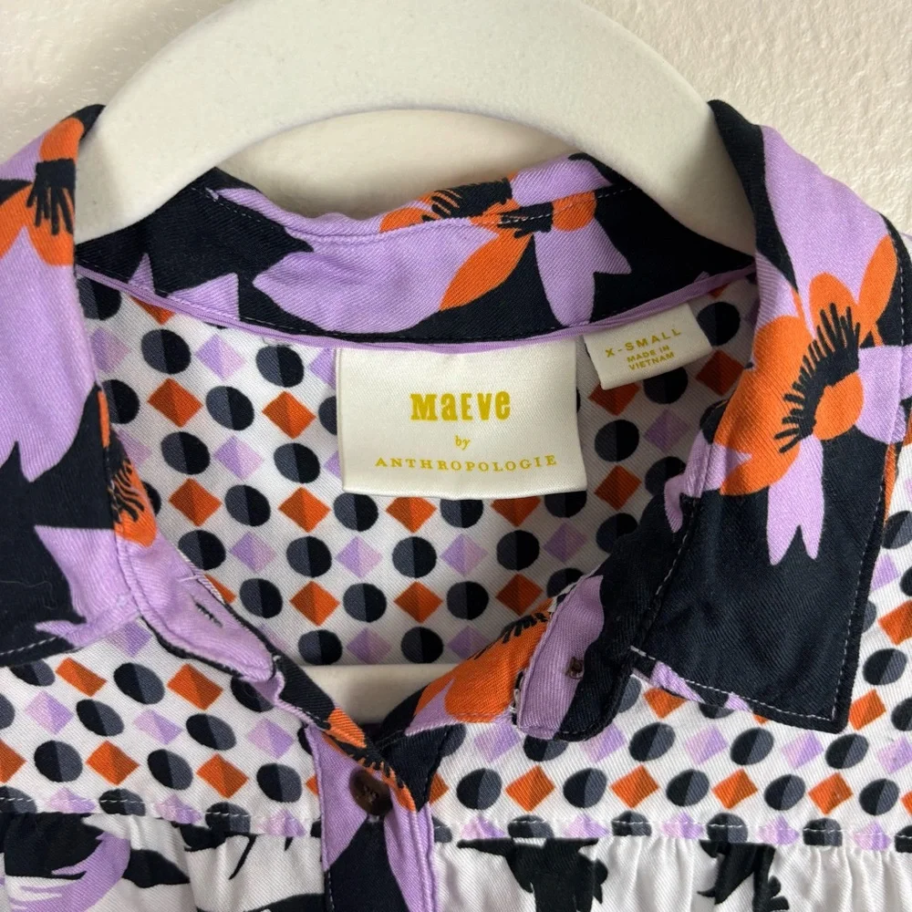 Anthropologie Maeve The Paz Button Down Blouse Size XS Patchwork Bird Novelty - Picture 3 of 7